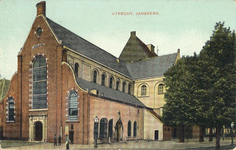 504 Gezicht op de west- en zuidgevel van de Janskerk (Janskerkhof) te Utrecht.
